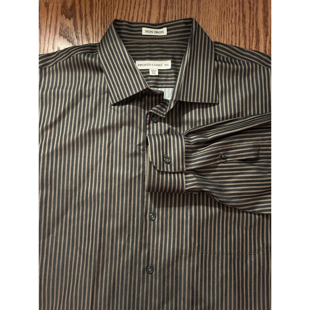 Pronto-Uomo Non Iron Men's Shirt size XXL Striped Black/Brown Button Up Career